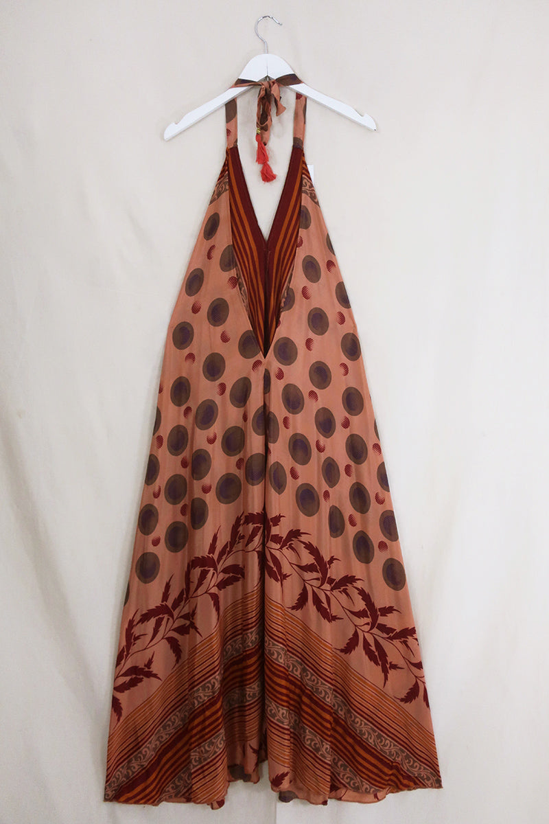 Athena Maxi Dress - Vintage Sari - Chrome Rose & Stone Moons - Free Size L/XL