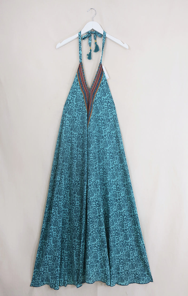 Athena Maxi Dress - Vintage Sari - Stone Blue & Rust - Free Size S/M by All About Audrey