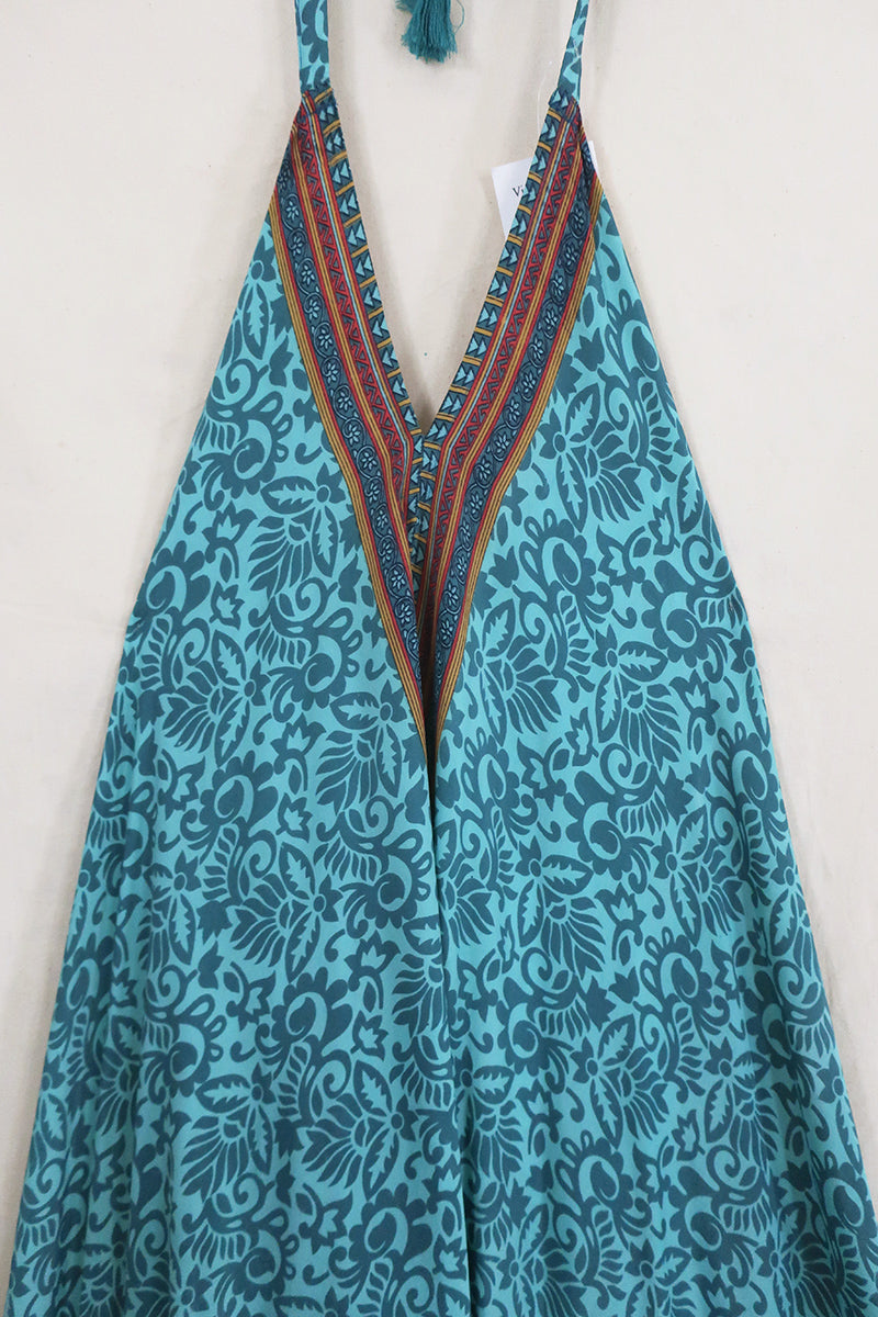 Athena Maxi Dress - Vintage Sari - Stone Blue & Rust - Free Size S/M by All About Audrey