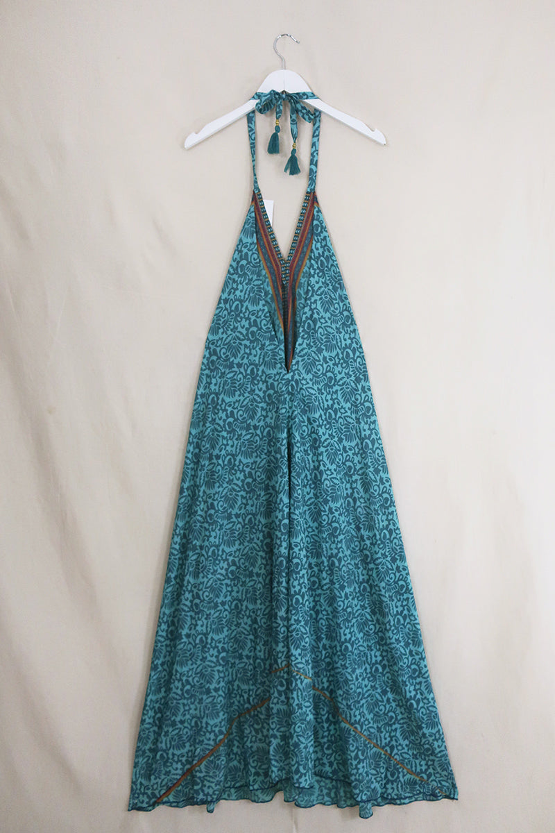 Athena Maxi Dress - Vintage Sari - Stone Blue & Rust - Free Size S/M by All About Audrey