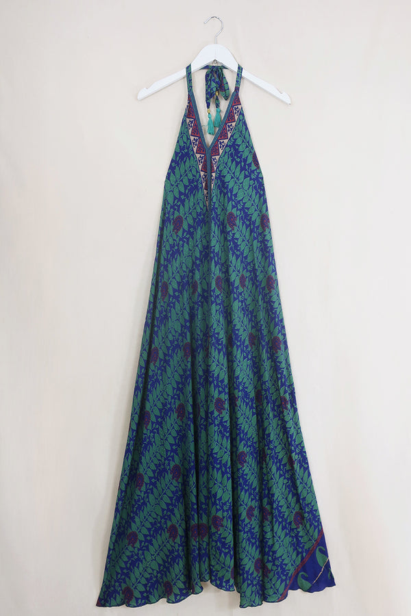 Athena Maxi Dress - Vintage Sari - Indigo Climbing Vines - Free Size M/L by All About Audrey