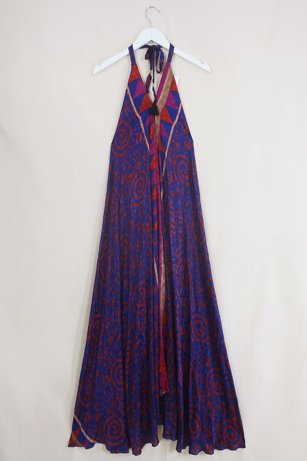 Athena Maxi Dress - Vintage Sari - Scarlet & Blue Village Fair - Free Size M/L by All About Audrey