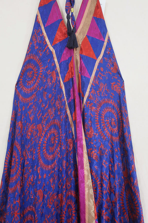 Athena Maxi Dress - Vintage Sari - Scarlet & Blue Village Fair - Free Size M/L by All About Audrey