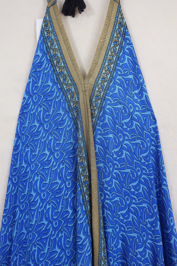 Athena Maxi Dress - Vintage Sari - True Blue Abstract - Free Size M/L