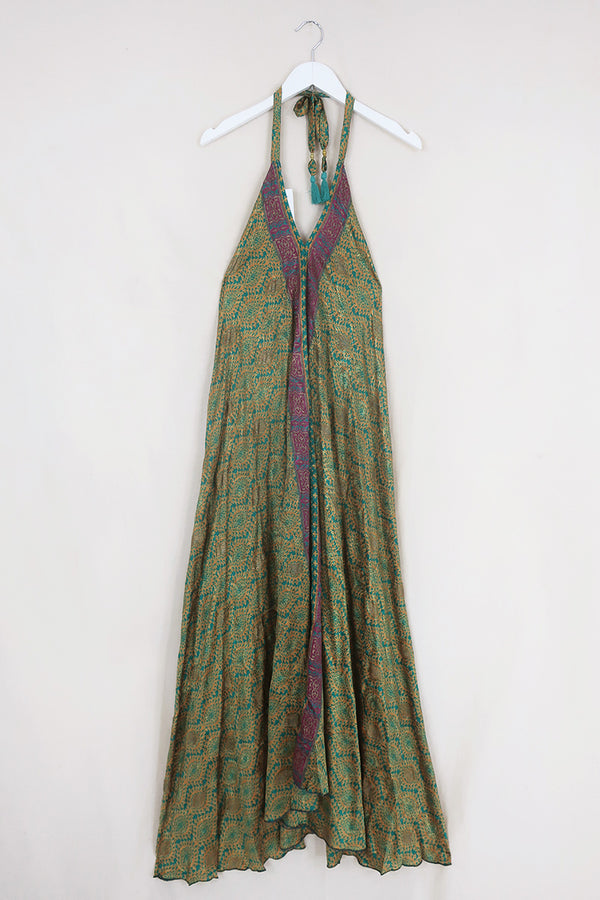 Athena Maxi Dress - Vintage Sari - Honey & Jade Peacock Feathers - Free Size S/M by All About Audrey