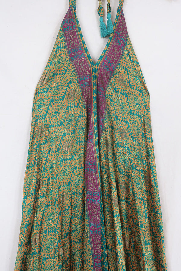 Athena Maxi Dress - Vintage Sari - Honey & Jade Peacock Feathers - Free Size S/M by All About Audrey