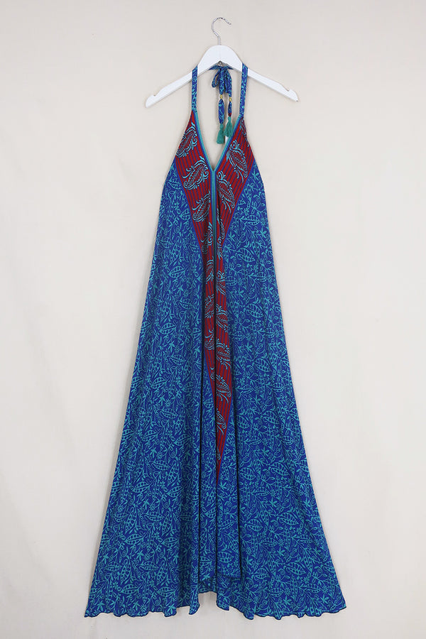 Athena Maxi Dress - Vintage Sari - Aqua & Rose Red Floral - Free Size M/L by All About Audrey