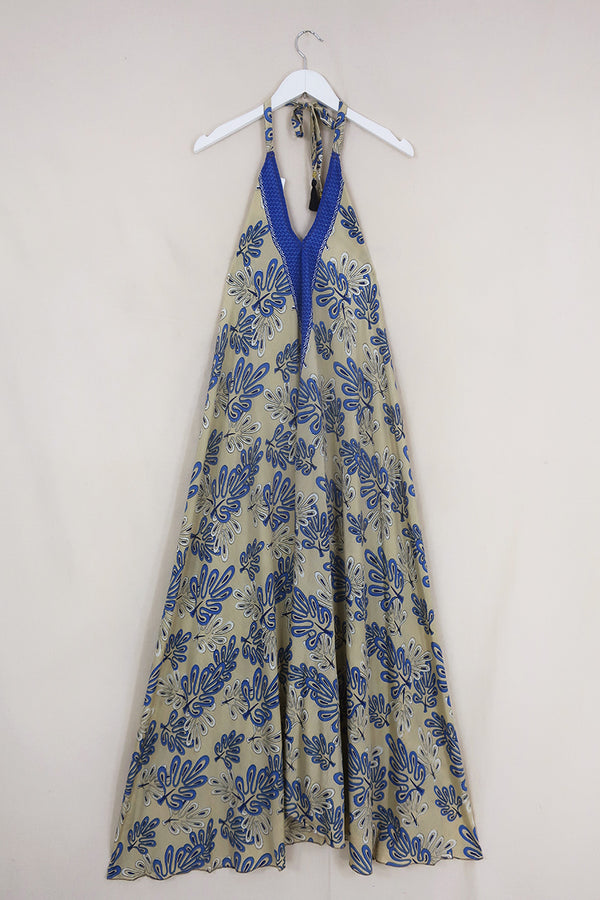 Athena Maxi Dress - Vintage Sari - Ecru & Blue Abstract Trees - Free Size M/L by All About Audrey