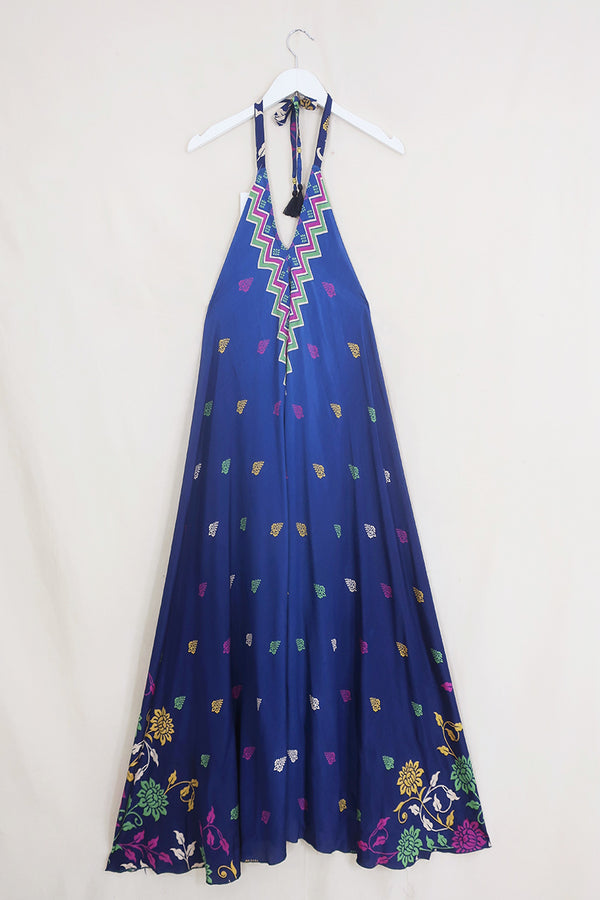 Athena Maxi Dress - Vintage Sari - Prussian Blue Chevron - Free Size S/M by All About Audrey