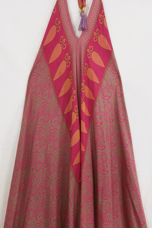 Athena Maxi Dress - Vintage Sari - Pink Rosewood Floral - Free Size M/L