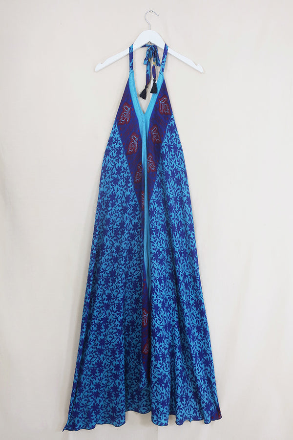 Athena Maxi Dress - Vintage Sari - Shadow Blue Daisies - Free Size M/L