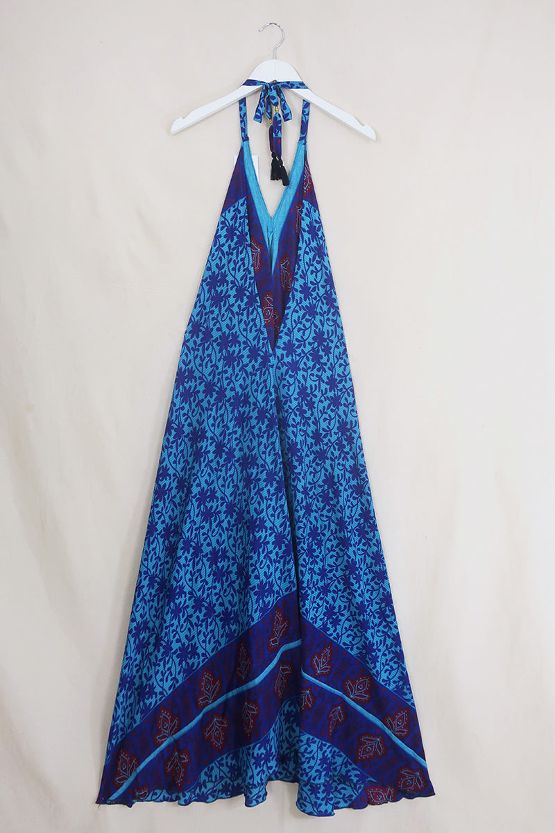 Athena Maxi Dress - Vintage Sari - Shadow Blue Daisies - Free Size M/L