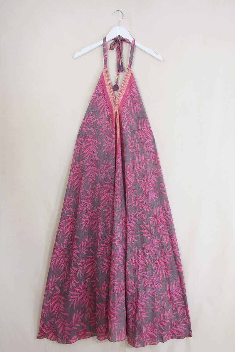 Athena Maxi Dress - Vintage Sari - Tropical Pink Palms - Free Size S/M by All About Audrey