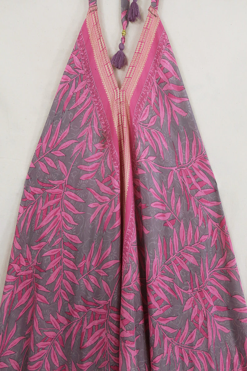 Athena Maxi Dress - Vintage Sari - Tropical Pink Palms - Free Size S/M by All About Audrey