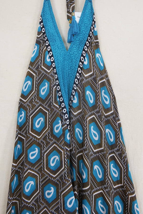 Athena Maxi Dress - Vintage Sari - Turquoise & Tiger Eye Paisley - Free Size S/M