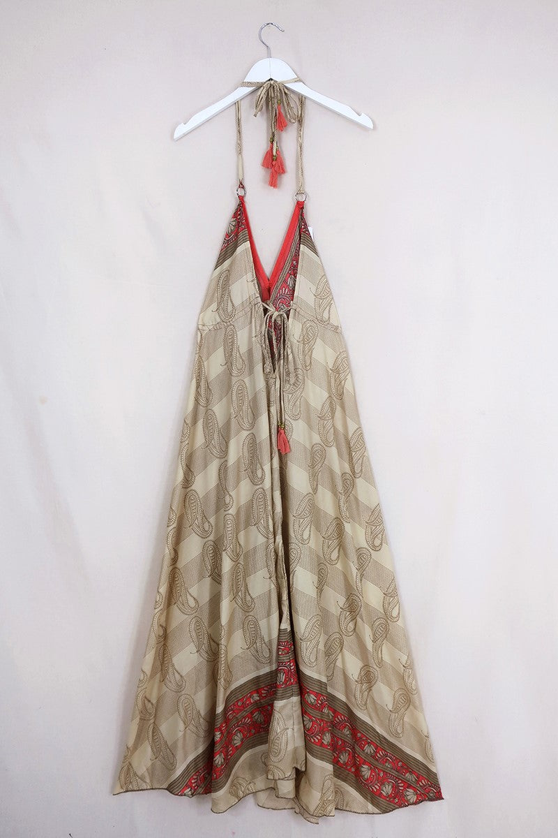 SALE | Eden Halter Maxi Dress - Vintage Sari - Ecru & Coral Quartz Paisley - Free Size S - M By All About Audrey