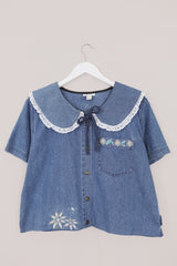 Eloise Reclaimed Denim Blouse with Wild Daisy Chains - Free Size by All About Audrey