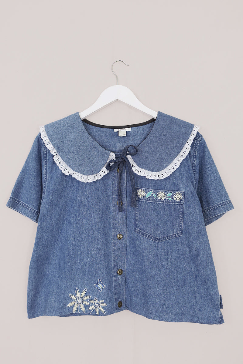 Eloise Reclaimed Denim Blouse with Wild Daisy Chains - Free Size by All About Audrey