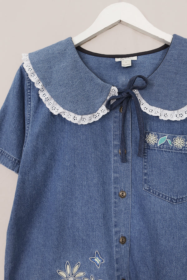 Eloise Reclaimed Denim Blouse with Wild Daisy Chains - Free Size by All About Audrey