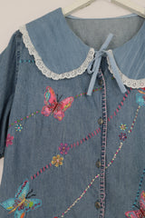 Eloise Reclaimed Denim Blouse with Beaded Butterflies - Free Size by All About Audrey