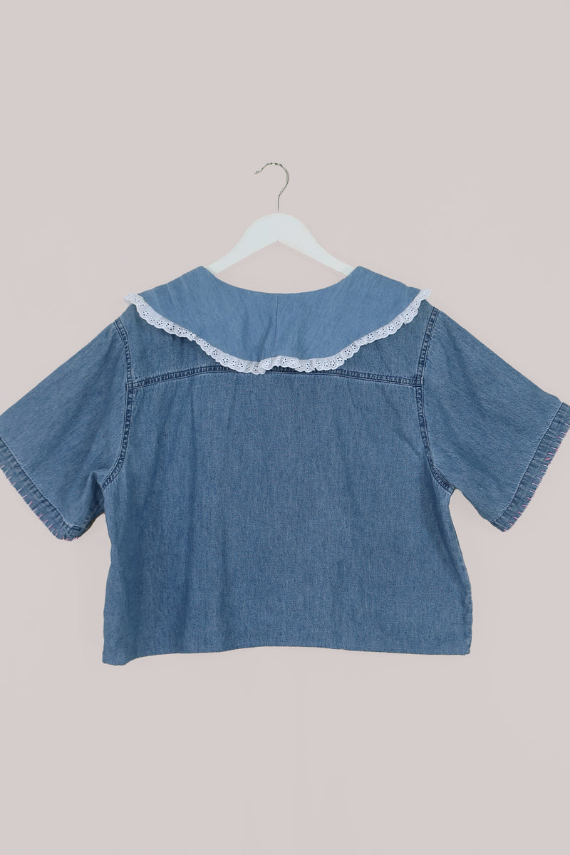 Eloise Reclaimed Denim Blouse with Beaded Butterflies - Free Size by All About Audrey