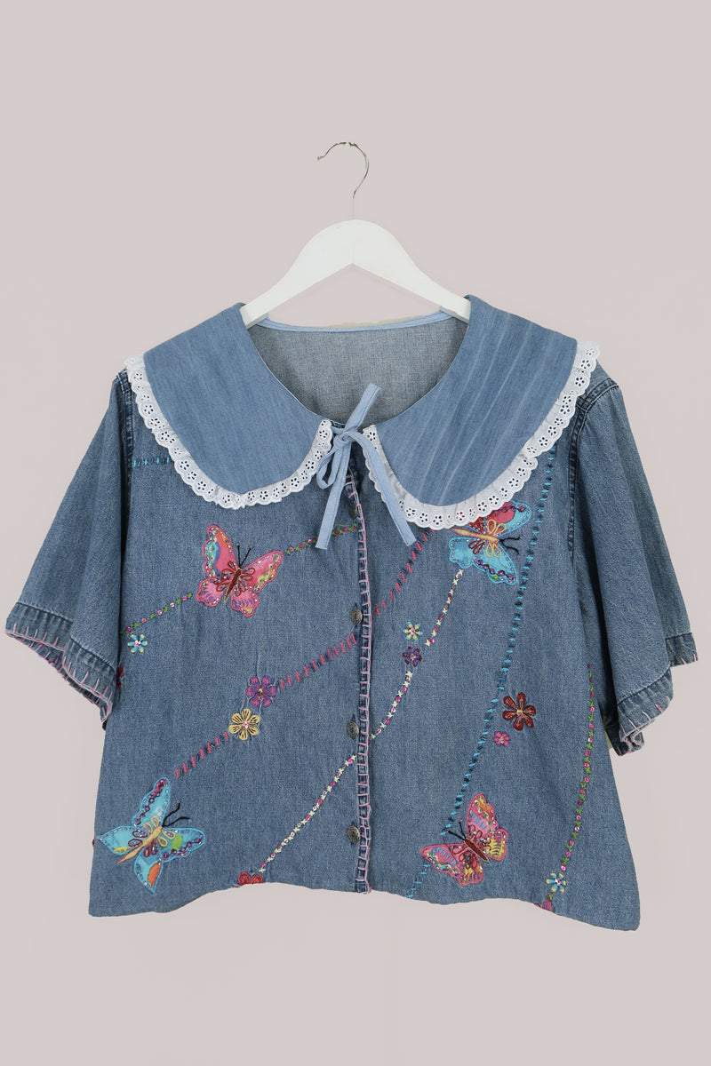 Eloise Reclaimed Denim Blouse with Beaded Butterflies - Free Size by All About Audrey