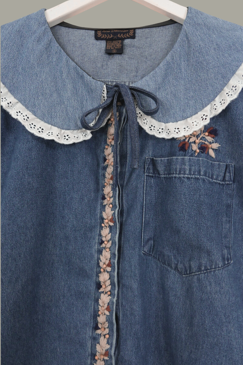 Eloise Reclaimed Denim Blouse in Embroidered Feather Ferns - Free Size by All About Audrey