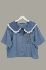 Eloise Reclaimed Denim Blouse in Hen Party Embroidery - Free Size by All About Audrey