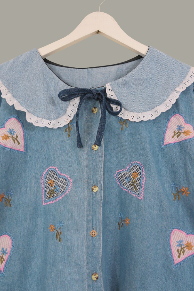 Eloise Reclaimed Denim Blouse - Patchwork Gingham Hearts - Free Size