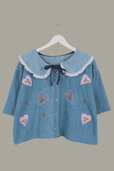 Eloise Reclaimed Denim Blouse - Patchwork Gingham Hearts - Free Size