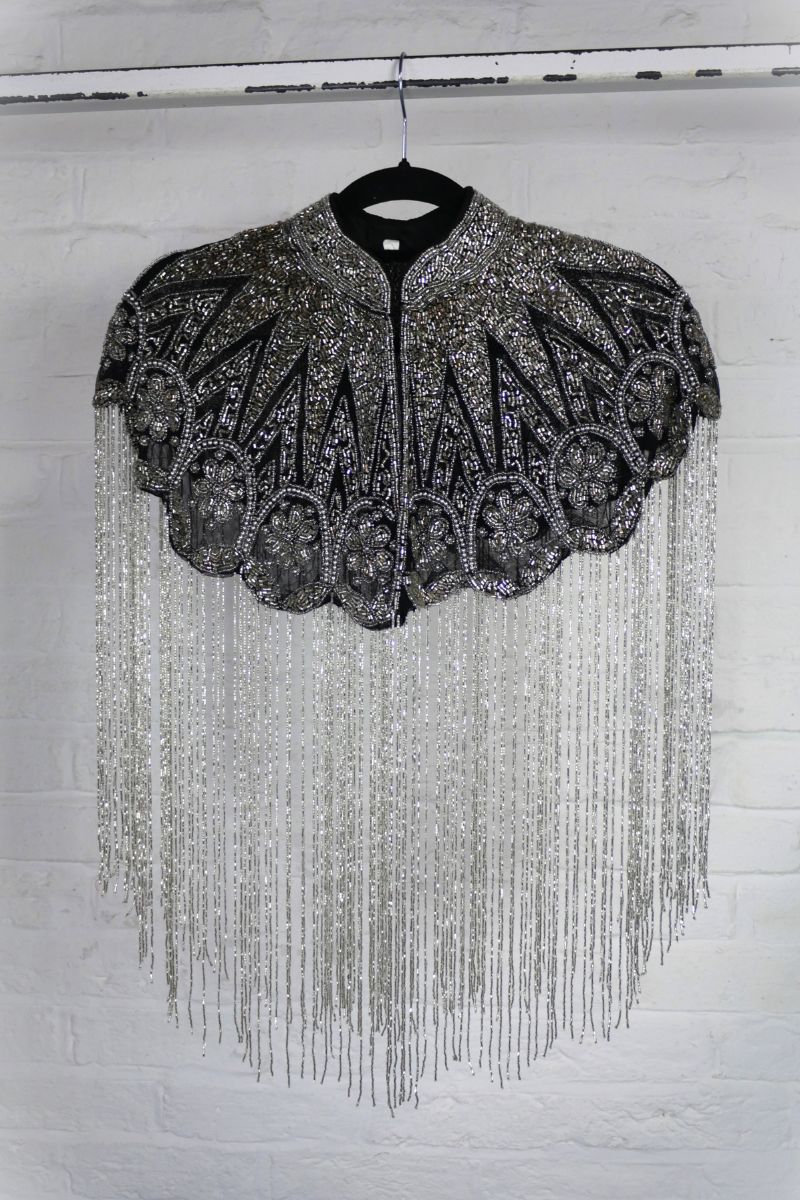 Waterfall Beaded Fringe Cloak with a Champagne & Silver Art Deco Pattern by all about audrey