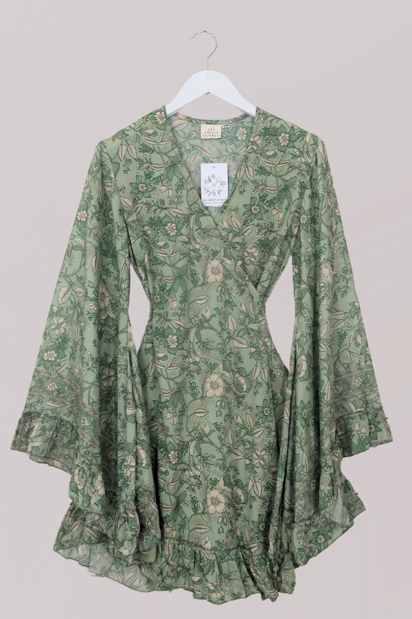 Venus Folklore Floral Mini Wrap Dress in Bamboo Green by All About Audrey