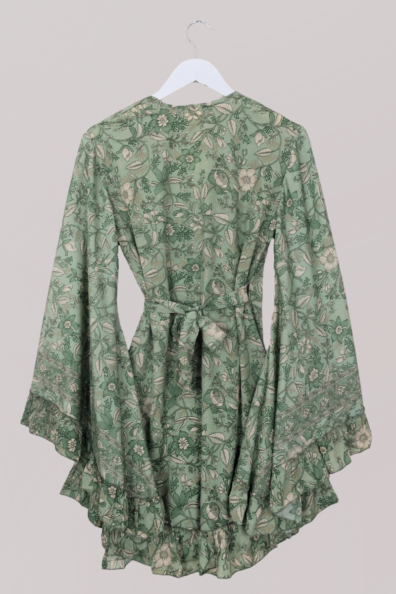 Venus Folklore Floral Mini Wrap Dress in Bamboo Green by All About Audrey