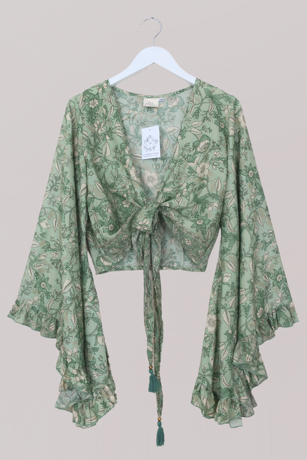 Venus Folklore Floral Wrap Top in Bamboo Green by All About Audrey