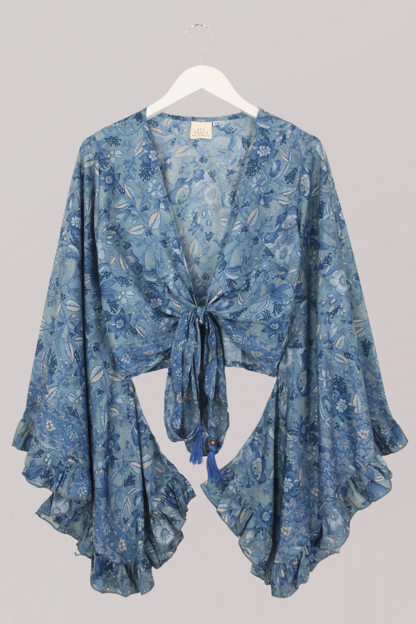 Venus Folklore Floral Wrap Top in Forget Me Not Blue by All About Audrey