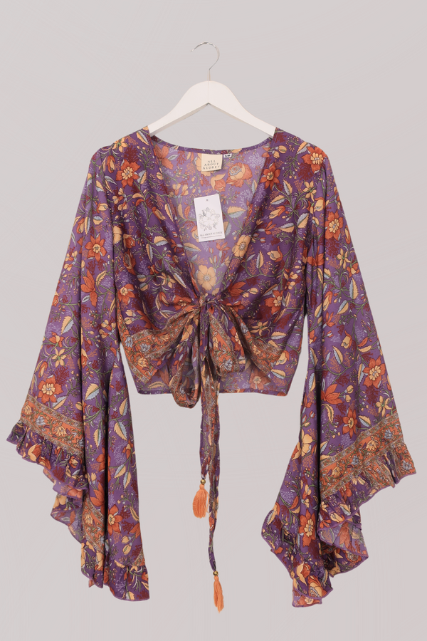 Venus Folklore Floral Wrap Top in Hibiscus Purple by All About Audrey