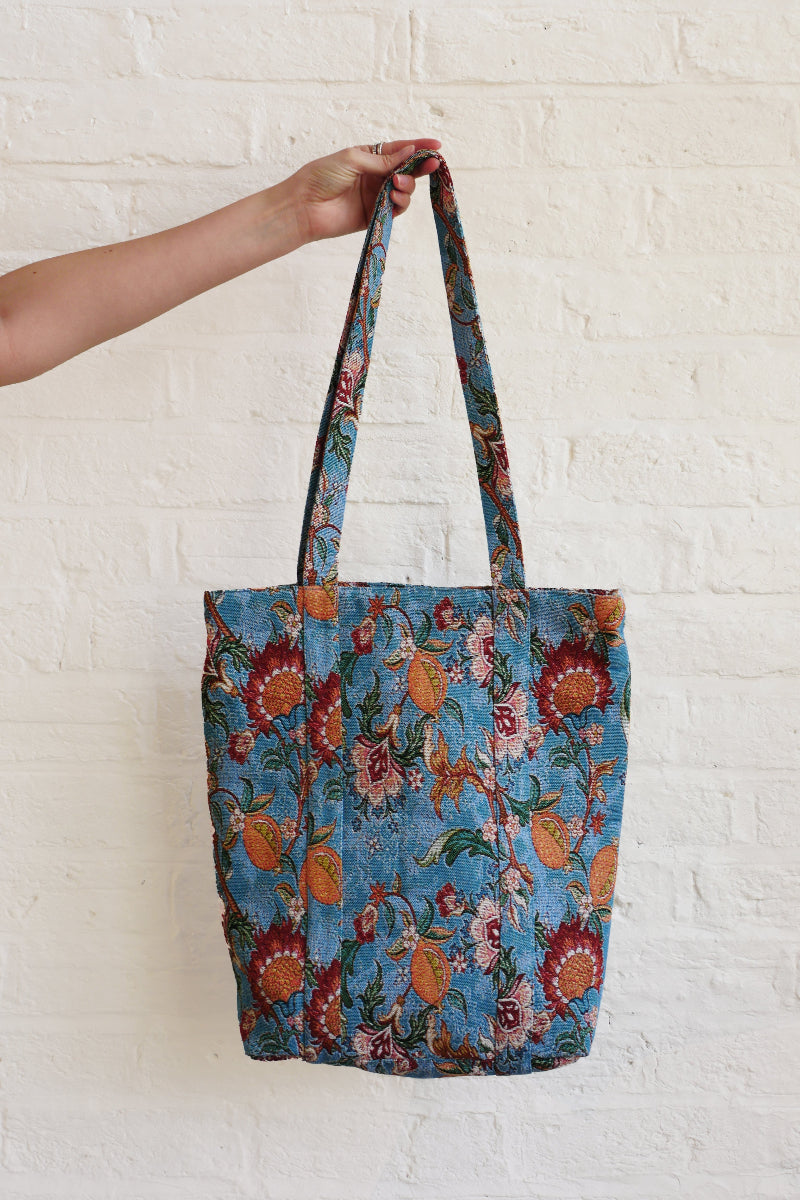 Blue Georgian Floral Tapestry Tote Bag