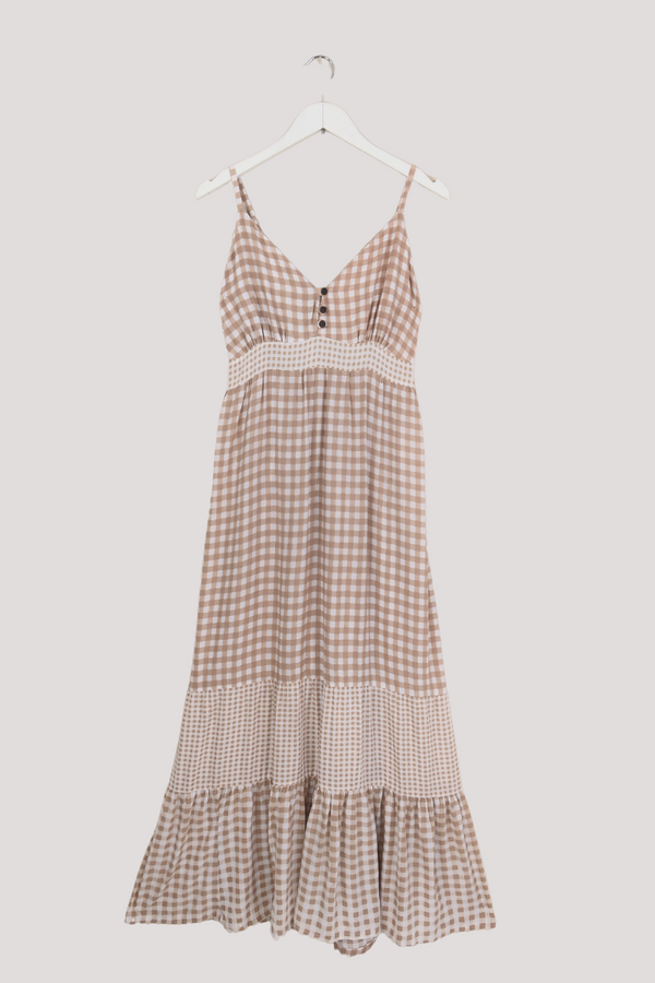 Jessie Maxi Dress in Biscuit Brown Gingham by All About Audrey