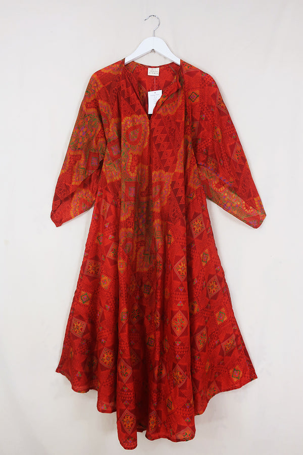 Goddess Dress - Burnt Orange Buds - Vintage Silk - Free Size by All About Audrey
