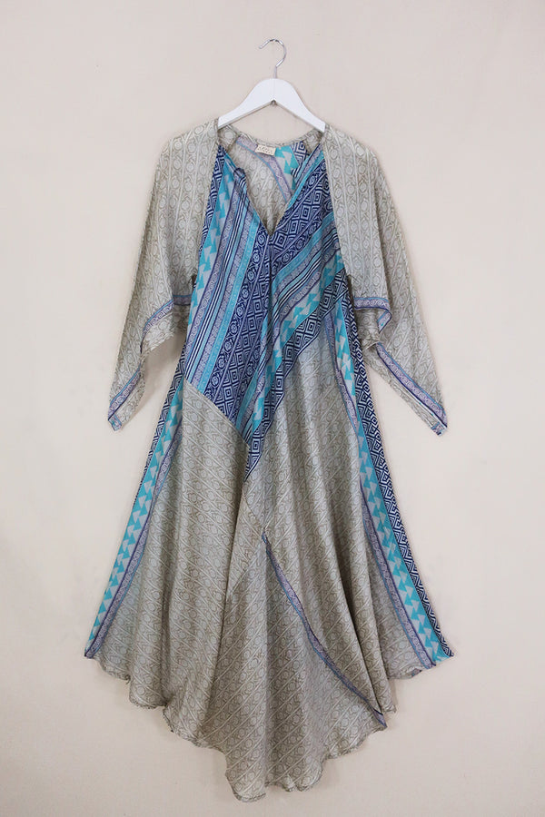 Goddess Dress - Ecru & Blue Vines - Vintage Silk - Free Size by All About Audrey