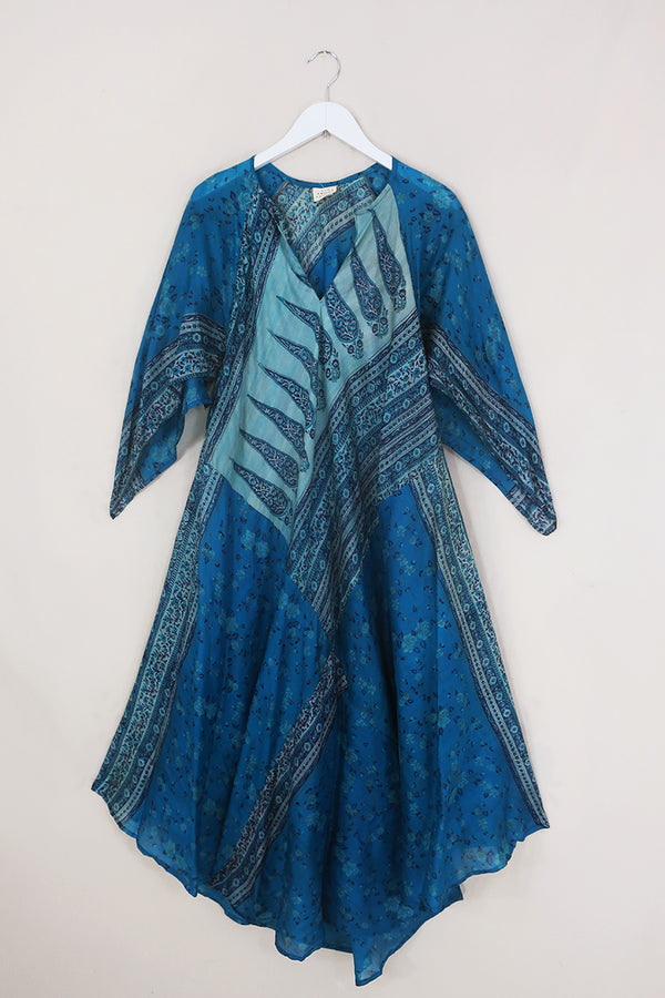 SALE Goddess Dress - Antique Turquoise Floral - Vintage Silk - Free Size