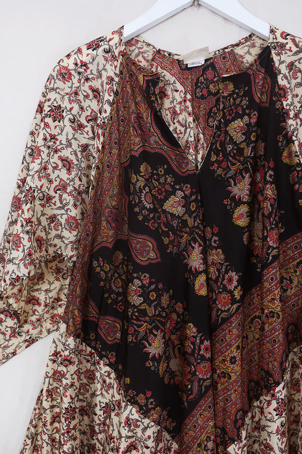 Goddess Dress - Ivory, Blush & Black Wildflower - Vintage Silk - Free Size
