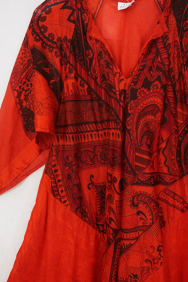 Goddess Dress - Ornate Sunset Orange - Vintage Silk - Free Size