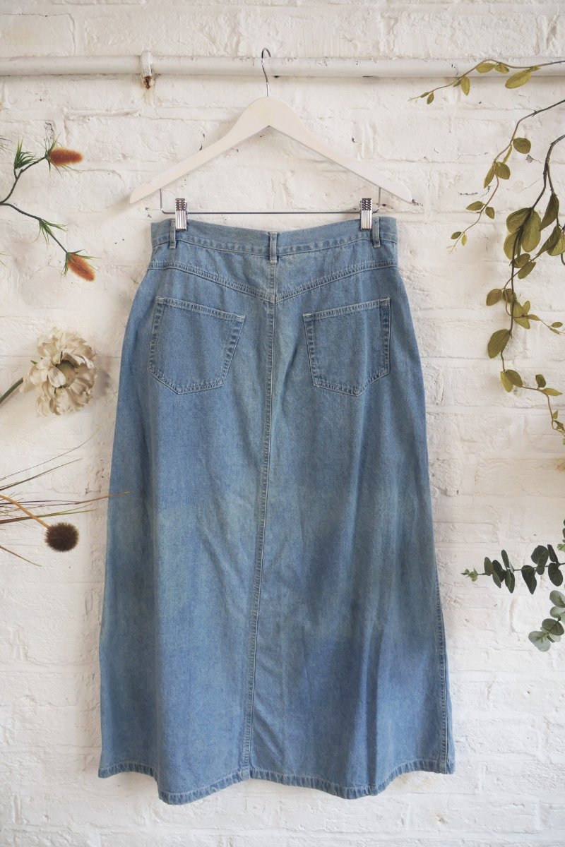 Vintage Denim Skirt - High Waisted Stone Wash Midi - Size W32