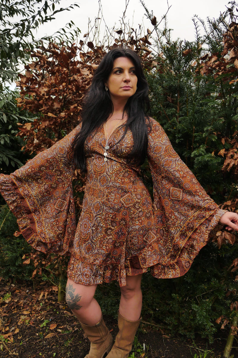 Venus Mini Wrap Dress in Jagger Lilac & Rust Mandala by All About Audrey