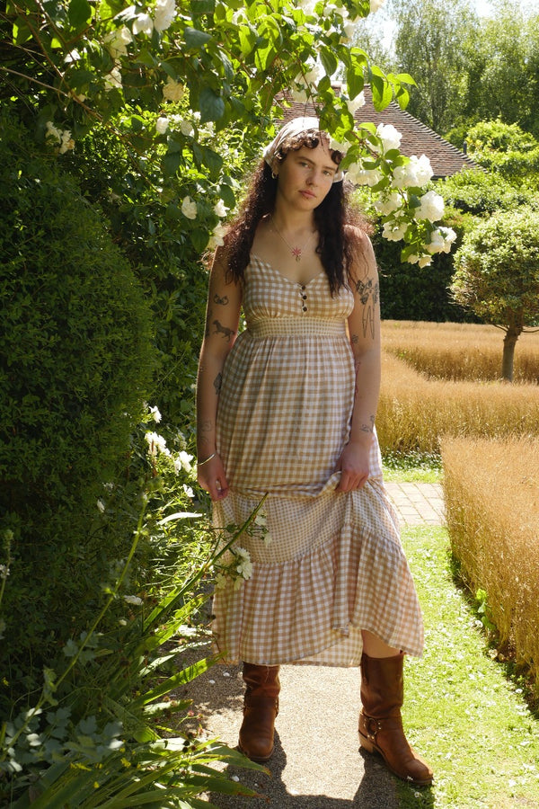 Jessie Maxi Dress in Biscuit Brown Gingham by All About Audrey