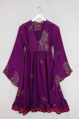 Lunar Mini Dress - Vintage Sari - Jewelled Purple - Size XXS Petite by All About Audrey