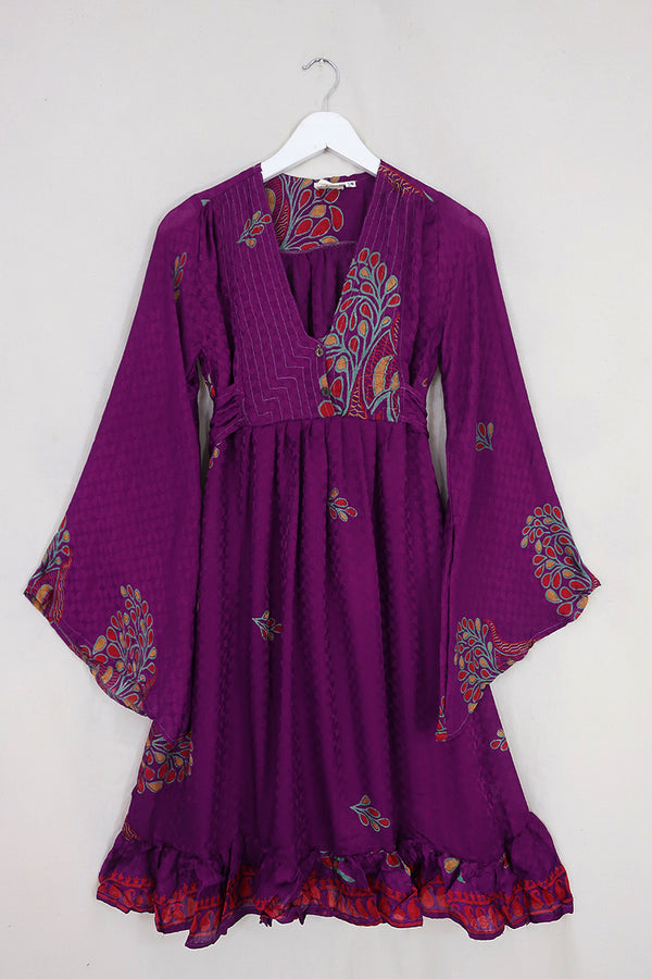 Lunar Mini Dress - Vintage Sari - Jewelled Purple - Size XXS Petite by All About Audrey