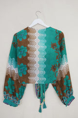 Lola Wrap Top - Mottled Teal Flower Buds - Size S/M by All About Audrey