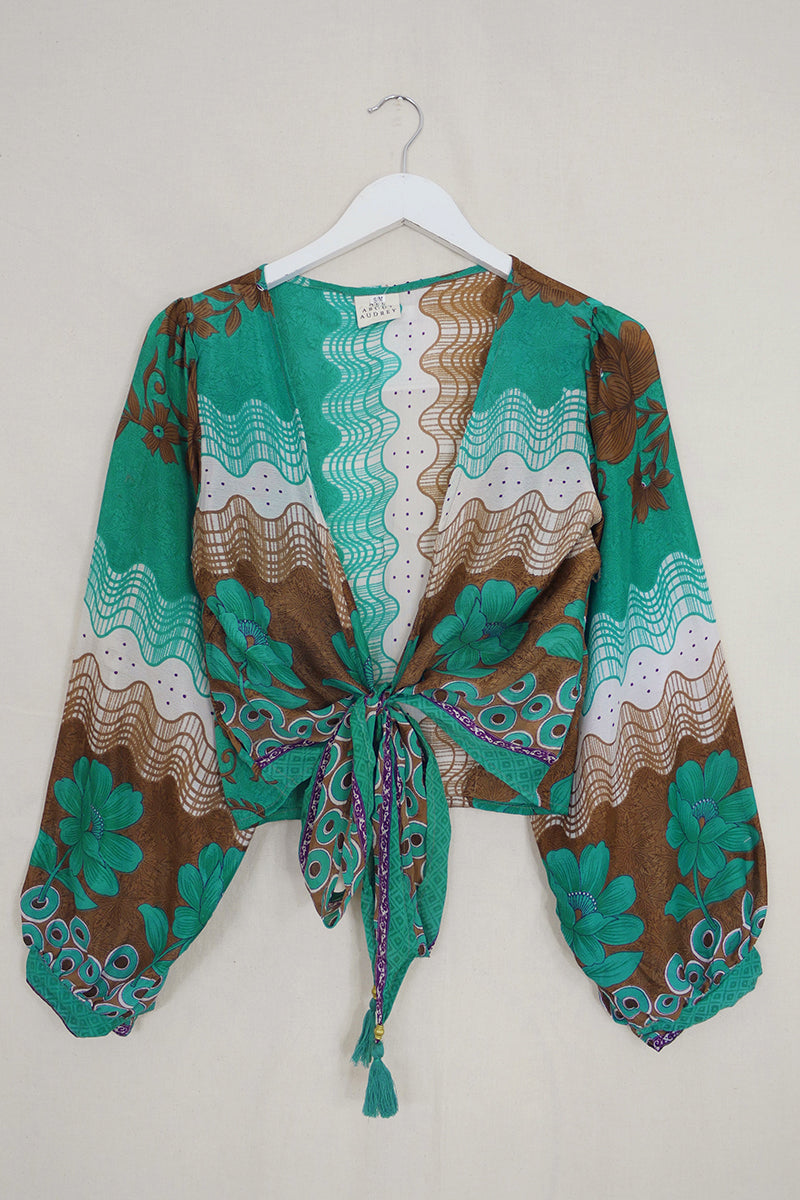 Lola Wrap Top - Mottled Teal Flower Buds - Size S/M by All About Audrey